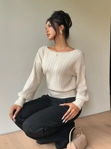 Siren Gaze 女款純色船領長袖泡泡袖簡約百搭毛衣 - 杏色 - 查看 6