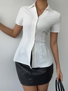 Siren Gaze Spring/Summer New Office/Commuting Daily Pointed Hem Chest Ruched Stand Collar Single-Breasted Slim Fit White Shirt, Business Casual Elegant - White - View 6
