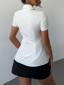 Siren Gaze Spring/Summer New Office/Commuting Daily Pointed Hem Chest Ruched Stand Collar Single-Breasted Slim Fit White Shirt, Business Casual Elegant - White - View 2