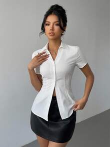 Siren Gaze Spring/Summer New Office/Commuting Daily Pointed Hem Chest Ruched Stand Collar Single-Breasted Slim Fit White Shirt, Business Casual Elegant - White - View 1