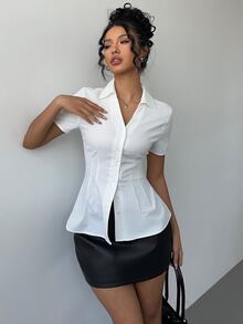 Siren Gaze Spring/Summer New Office/Commuting Daily Pointed Hem Chest Ruched Stand Collar Single-Breasted Slim Fit White Shirt, Business Casual Elegant - White - View 5