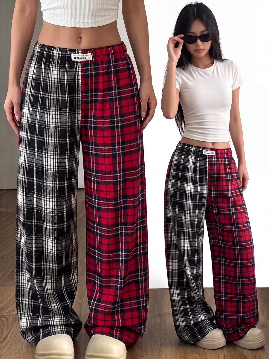 SHEIN Kids Tween Girl Letter Patchwork Contrast Patch Wide Leg Loose Long Pants - Multicolor - View 1