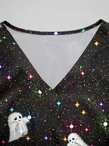 PopScrub Women's Ghost Print V-Neck Short Sleeve Pocket Uniform Top - Multicolor - View 5