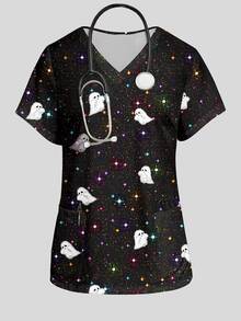 PopScrub Women's Ghost Print V-Neck Short Sleeve Pocket Uniform Top - Multicolor - View 1