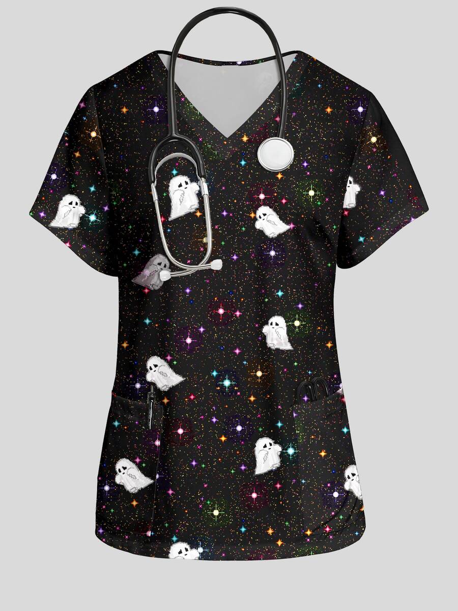PopScrub Women's Ghost Print V-Neck Short Sleeve Pocket Uniform Top - Multicolor - View 1