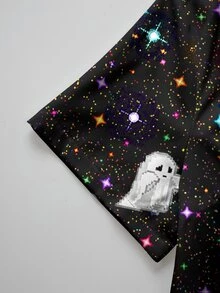 PopScrub Women's Ghost Print V-Neck Short Sleeve Pocket Uniform Top - Multicolor - View 3