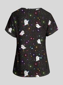 PopScrub Women's Ghost Print V-Neck Short Sleeve Pocket Uniform Top - Multicolor - View 2