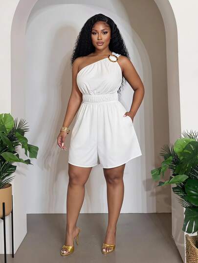 Veslaya Plus Size White Summer Elegant Holiday Party Romper,Women's One Shoulder Metal Buckle Waist Cinched Playsuit,Sleeveless Short Jumpsuit With Pockets