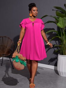 Veslaya Plus Size Loose Fit Solid Color A-Line Twill Vacation Casual Dress With Non-Elastic Weave And Knot Detail For Women - Hot Pink - View 3