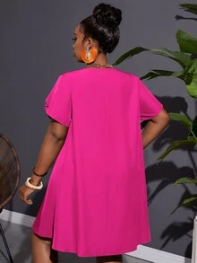 Veslaya Plus Size Loose Fit Solid Color A-Line Twill Vacation Casual Dress With Non-Elastic Weave And Knot Detail For Women - Hot Pink - View 2