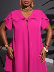Veslaya Plus Size Loose Fit Solid Color A-Line Twill Vacation Casual Dress With Non-Elastic Weave And Knot Detail For Women - Hot Pink - View 5