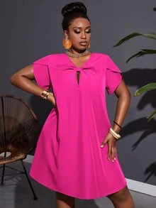 Veslaya Plus Size Loose Fit Solid Color A-Line Twill Vacation Casual Dress With Non-Elastic Weave And Knot Detail For Women - Hot Pink - View 6