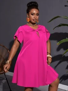 Veslaya Plus Size Loose Fit Solid Color A-Line Twill Vacation Casual Dress With Non-Elastic Weave And Knot Detail For Women - Hot Pink - View 4