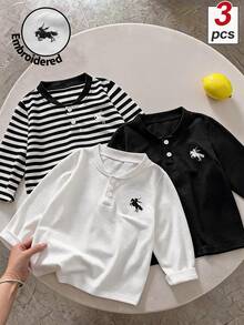 SHEIN Genkimix Kids 3件組 男童條紋T恤 秋冬保暖內層 - 彩色 - 查看 1