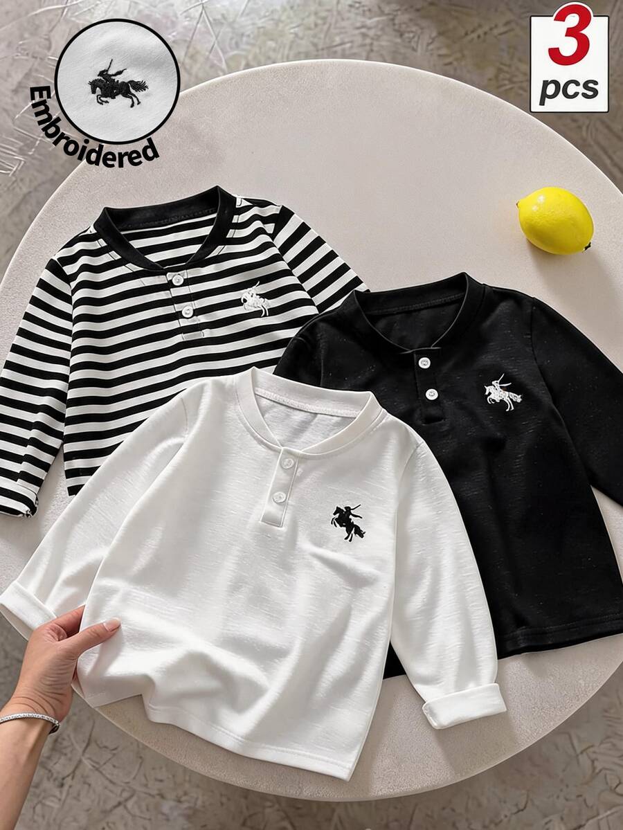 SHEIN Genkimix Kids 3件組 男童條紋T恤 秋冬保暖內層 - 彩色 - 查看 1