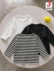 SHEIN Genkimix Kids 3件組 男童條紋T恤 秋冬保暖內層 - 彩色 - 查看 2
