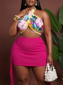 Veslaya Boho Summer Outfits For Women 2 Pieces Set,Floral Halter Backless Top & Pink Frayed Bodycon Mini Skirt, Y2K Vacation Holiday Beach Party Clothes - Hot Pink - View 4