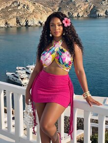 Veslaya Boho Summer Outfits For Women 2 Pieces Set,Floral Halter Backless Top & Pink Frayed Bodycon Mini Skirt, Y2K Vacation Holiday Beach Party Clothes - Hot Pink - View 8