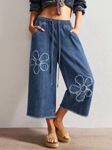 Bohemela Celana Panjang Bermotif Bunga dengan Tali Serut di Pinggang dan Ujung Bawah Belum Dikerjakan, Potongan Lebar. - Medium Wash - View 8