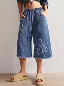 Bohemela Celana Panjang Bermotif Bunga dengan Tali Serut di Pinggang dan Ujung Bawah Belum Dikerjakan, Potongan Lebar. - Medium Wash - View 4