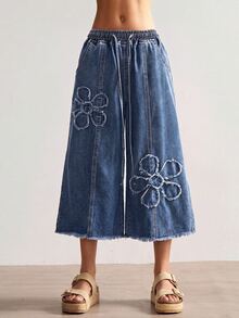 Bohemela Celana Panjang Bermotif Bunga dengan Tali Serut di Pinggang dan Ujung Bawah Belum Dikerjakan, Potongan Lebar. - Medium Wash - View 7