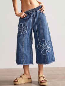 Bohemela Celana Panjang Bermotif Bunga dengan Tali Serut di Pinggang dan Ujung Bawah Belum Dikerjakan, Potongan Lebar. - Medium Wash - View 5