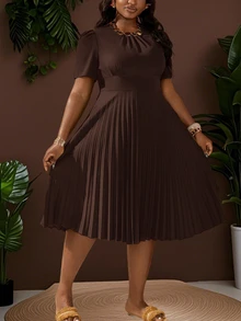 Veslaya Plus Size Women's Solid Color Short Puff Sleeve Pleated Hem Dress Brown Curve Casual Coffee - Brown - View 11