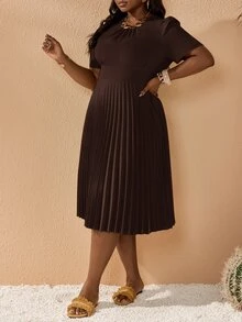 Veslaya Plus Size Women's Solid Color Short Puff Sleeve Pleated Hem Dress Brown Curve Casual Coffee - Brown - View 6