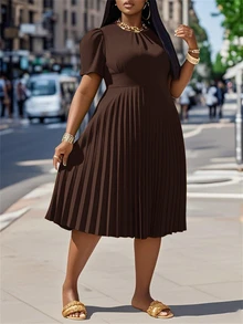 Veslaya Plus Size Women's Solid Color Short Puff Sleeve Pleated Hem Dress Brown Curve Casual Coffee - Brown - View 3