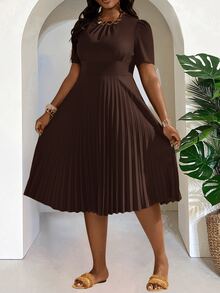 Veslaya Plus Size Women's Solid Color Short Puff Sleeve Pleated Hem Dress Brown Curve Casual Coffee - Brown - View 12