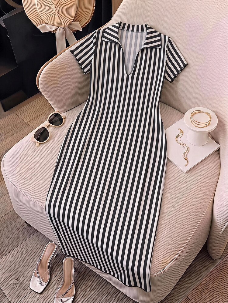Veslaya Plus Size Black And White Print Fitted Elegant Casual Short Sleeve Dress, Summer Brunch Bussines Evening - Black and White - View 6