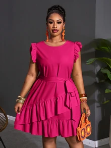 Veslaya Plus Size Casual Elegant Solid Color Ruffle Hem Dress Party Tea Party Pink Summer Cocktail - Hot Pink - View 10