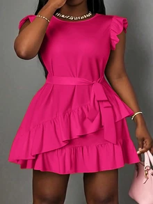 Veslaya Plus Size Casual Elegant Solid Color Ruffle Hem Dress Party Tea Party Pink Summer Cocktail - Hot Pink - View 3