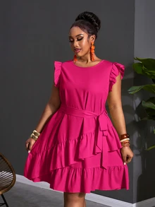 Veslaya Plus Size Casual Elegant Solid Color Ruffle Hem Dress Party Tea Party Pink Summer Cocktail - Hot Pink - View 6