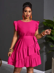 Veslaya Plus Size Casual Elegant Solid Color Ruffle Hem Dress Party Tea Party Pink Summer Cocktail - Hot Pink - View 11