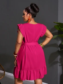 Veslaya Plus Size Casual Elegant Solid Color Ruffle Hem Dress Party Tea Party Pink Summer Cocktail - Hot Pink - View 5