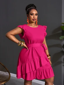 Veslaya Plus Size Casual Elegant Solid Color Ruffle Hem Dress Party Tea Party Pink Summer Cocktail - Hot Pink - View 9