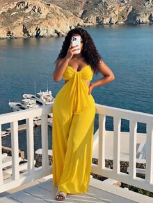 Veslaya جمبسوت نسائية بحجم كبير إضافي طويلة للربيع/الصيف. هذه البذلة ذات النسيج المنسوج بأسلوب بوهيمي باللون الأصفر تتميز بتصميم ساق واسعة مع فتحات، مثالية للارتداء اليومي، الأسلوب البوهيمي، السفر، الشاطئ - أصفر - مشاهدة 6