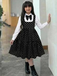 SHEIN 兒童青少年女孩 2 合 1 黑色長袖領口連身裙附領結，學院風制服風格，開學季、萬聖節、節日穿搭 - 黑色 - 查看 3