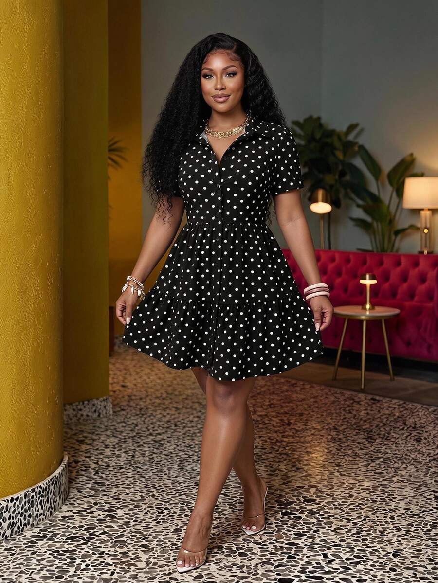 Veslaya Gaun Ukuran Besar Motif Polkadot Retro, Cocok untuk Musim Panas