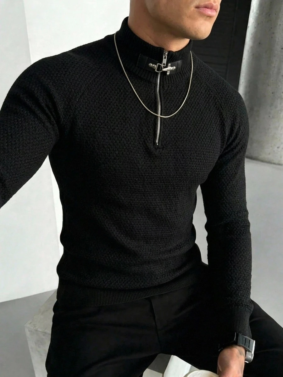 Manfinity Roughcore Men's Solid Color Casual Versatile Daily Wear Long Sleeve Sweater,Autumn,Streetwear,Hiking,Windbreaker,Outdoor Parka, - Black - View 1
