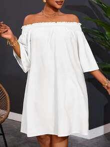 Veslaya Plus Size Women Off-Shoulder Elegant Commute & Vacation A-Line Dress Flowy Dress Fall - White - View 4