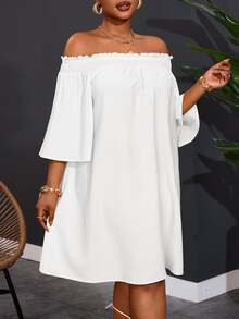Veslaya Plus Size Women Off-Shoulder Elegant Commute & Vacation A-Line Dress Flowy Dress Fall - White - View 7