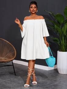 Veslaya Plus Size Women Off-Shoulder Elegant Commute & Vacation A-Line Dress Flowy Dress Fall - White - View 6