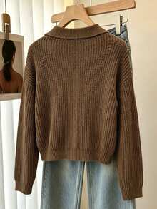 SHEIN Franclia Cardigan Rajut Kerah Elegan Wanita Musim Gugur/Dingin, Sweater Lengan Panjang Kancing Tunggal Warna Polos, Cocok untuk Perjalanan Sehari-hari, Jalan-jalan, dan Acara Lainnya - Coklat - View 2