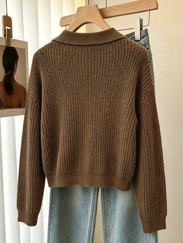 SHEIN Franclia Áo cardigan len dệt cổ bẻ thanh lịch cho nữ mùa thu/đông, màu trơn, cài nút đơn, tay dài, phù hợp đi làm hàng ngày, dạo phố và các dịp khác - màu nâu - Xem 2