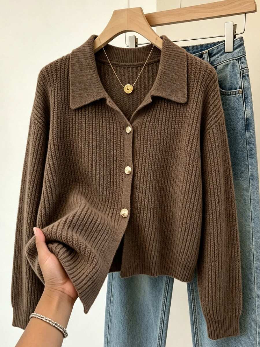 SHEIN Franclia Cardigan Rajut Kerah Elegan Wanita Musim Gugur/Dingin, Sweater Lengan Panjang Kancing Tunggal Warna Polos, Cocok untuk Perjalanan Sehari-hari, Jalan-jalan, dan Acara Lainnya - Coklat - View 1