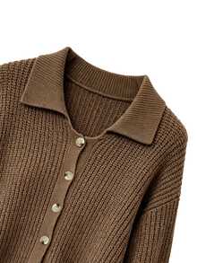 SHEIN Franclia Cardigan Rajut Kerah Elegan Wanita Musim Gugur/Dingin, Sweater Lengan Panjang Kancing Tunggal Warna Polos, Cocok untuk Perjalanan Sehari-hari, Jalan-jalan, dan Acara Lainnya - Coklat - View 6