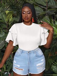 Veslaya Plus Size Summer Holiday Multilayer Ruffle Sleeve Bodycon Bodysuit Bodysuits For Women Pluswhite Bodysuitplus Size Bodysuit - White - View 6
