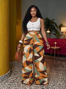 Veslaya Women's Orange Summer Bohemian Style Wide Leg Plus Size Pants Fall - Multicolor - View 1